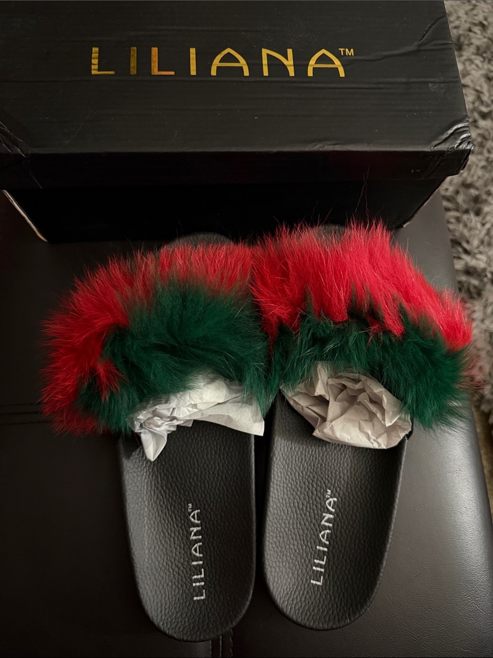 Liliana Red & Green Faux Fur Slide Sandals
